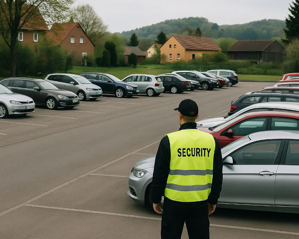 Parkplatz mit Autos und Sicherheitsmann